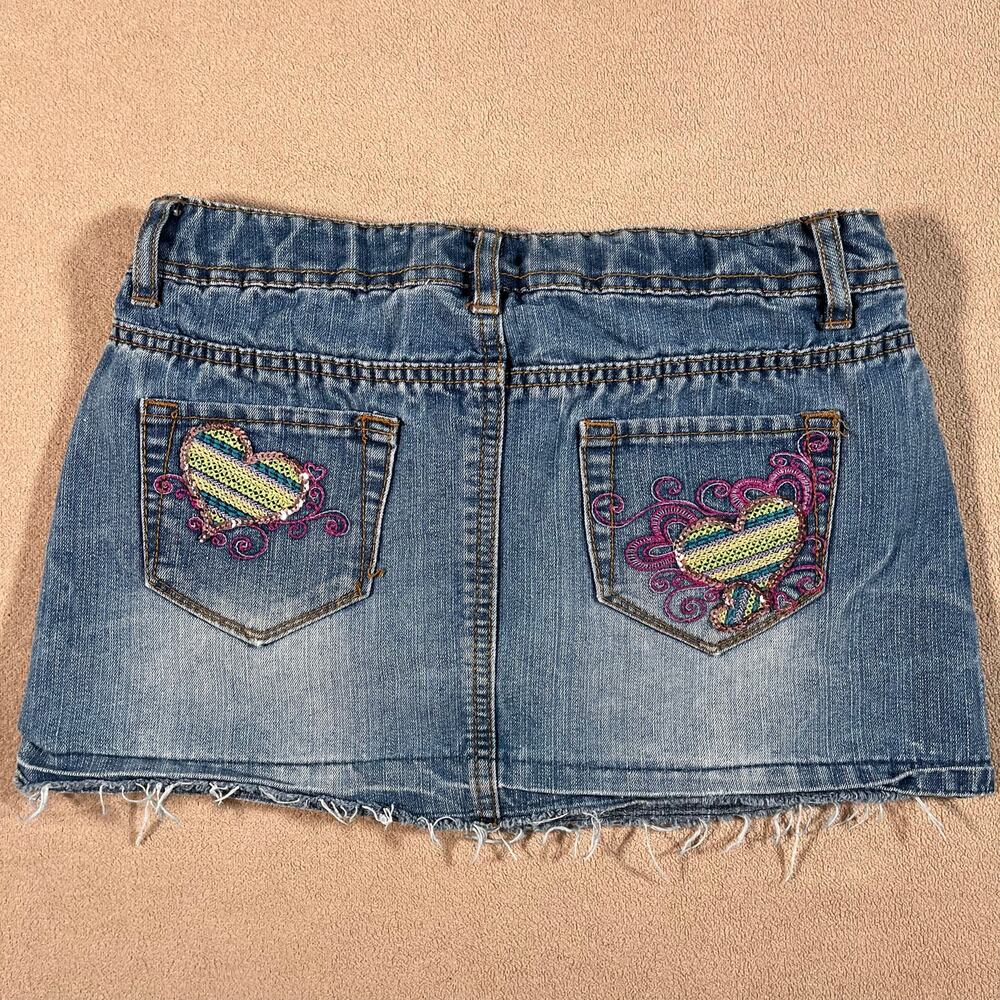 VTG Y2K Micro Mini Denim Skirt Mcbling Baddie Sequins Heart Girls Sz 12 Wmns 0 - Picture 7 of 8